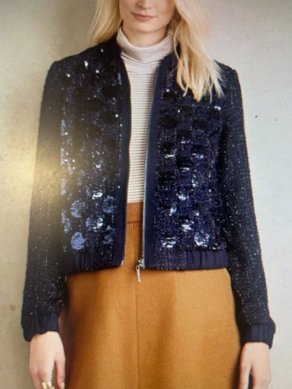 ANTHROPOLOGIE Elevenses Blue Sequin Metallic Sky Lined Zip Bomber Jacket NWT